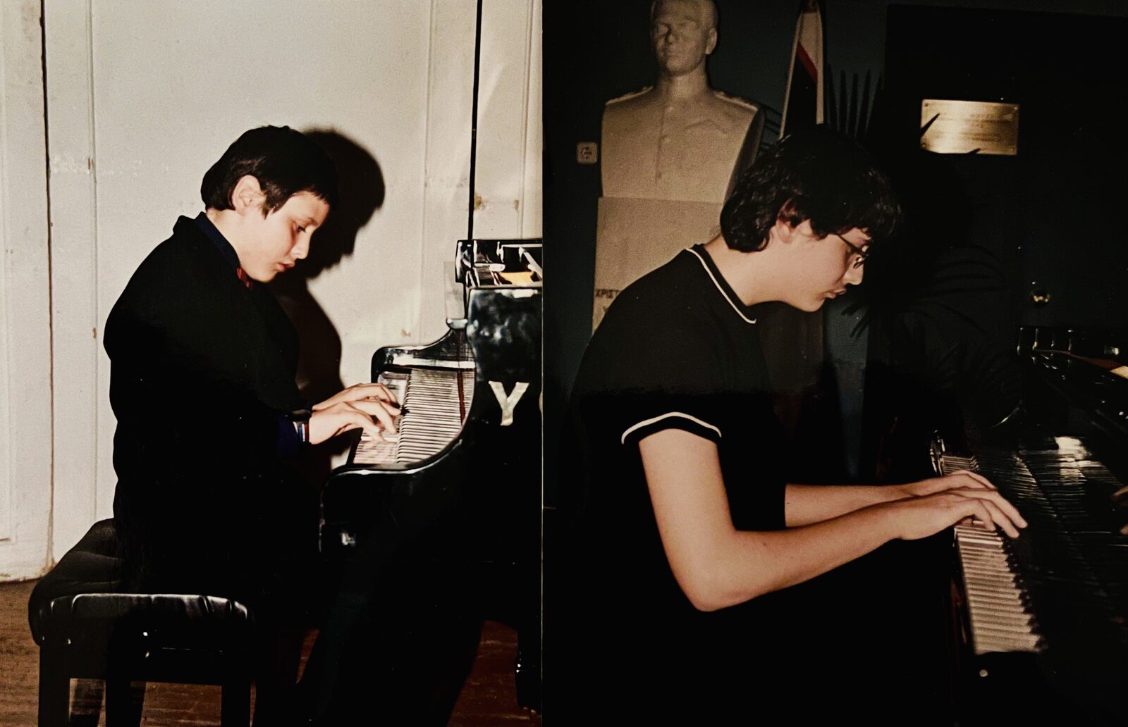 Two early photographs of Thanos playing piano, one as a child and one as a teenager